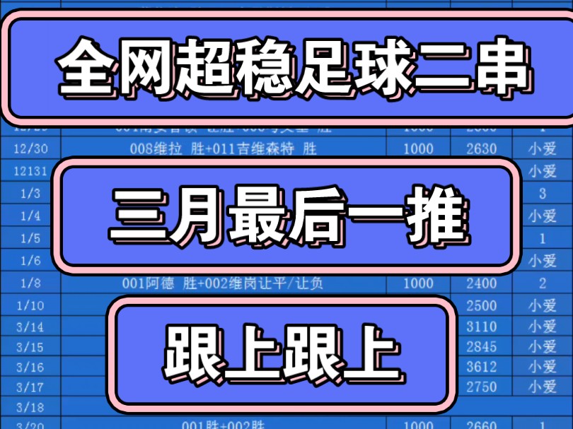 兄弟们，今天是小爱三月最后一场给大家推荐足球二串，每天就是四月了，希望在新的一个月里，小爱能帮助大家在足球的道路上大红大紫